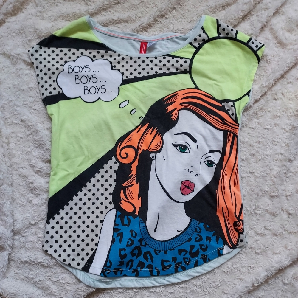 Divided Pop Art Comic Strip Florescent Graphic Novel Tee Size 8